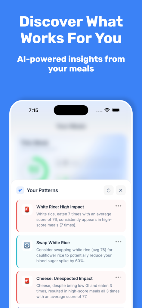 Glycemic Index Scanner - AI-powered dietary patterns and smart food swap suggestions on the Glycemic Index Scanner app interface
