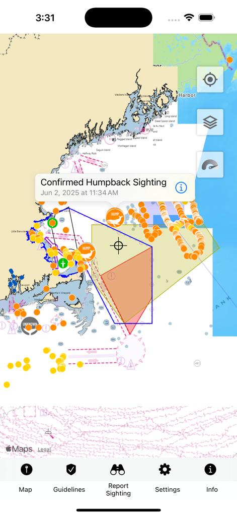 Whale Alert - Whale Alert app screenshot showing a nautical map with a confirmed humpback whale sighting alert and colored navigation zones