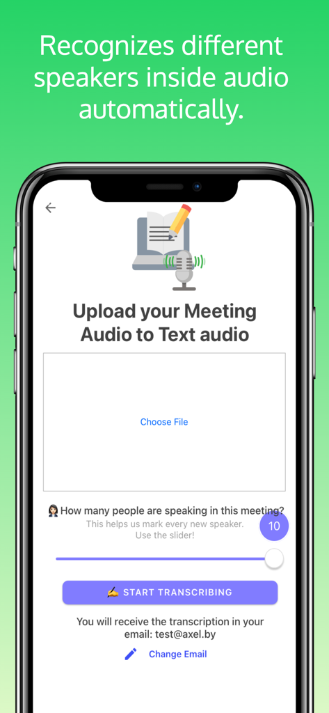 Audio Message to text convert - Interface de aplicativo móvel para carregar áudio de reunião e selecionar o número de falantes para transcrição automática