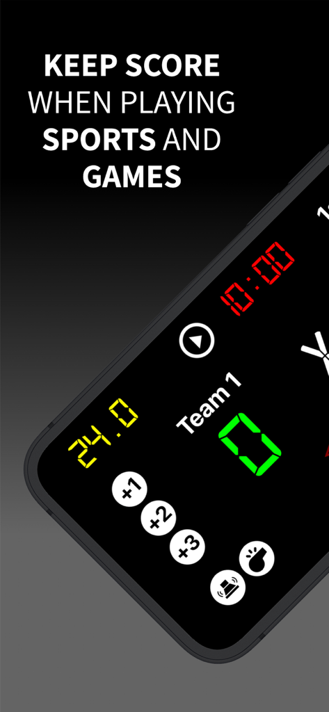 Virtual Scoreboard mobile app interface for keeping score and tracking game time