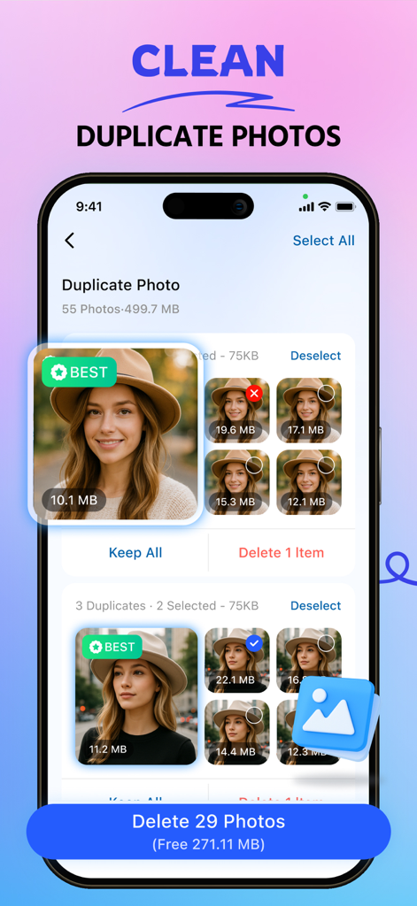 Phone Cleaner: AI Clean Up - Interfaz de la aplicación Phone Cleaner que muestra la detección y eliminación de fotos duplicadas por IA para liberar espacio en el iPhone.