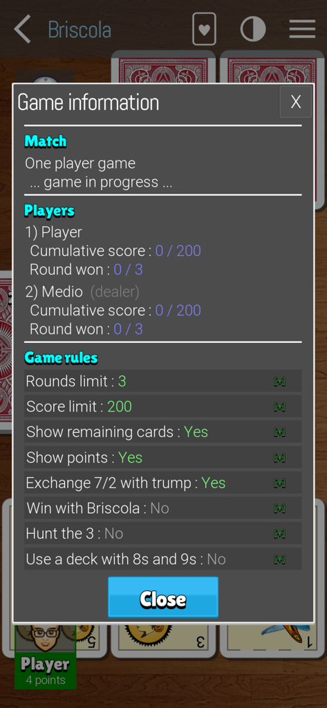 Briscola - La Brisca - Pantalla de información en la aplicación Briscola que muestra las puntuaciones de los jugadores y las reglas del juego personalizables.