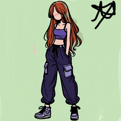 girl in baggy pants crop top and long hair