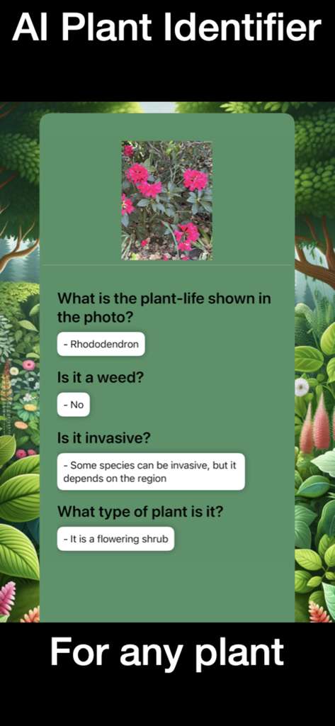 Leafy - AI Plant Identifier - Leafy app identifying a pink Rhododendron as a flowering shrub with species details