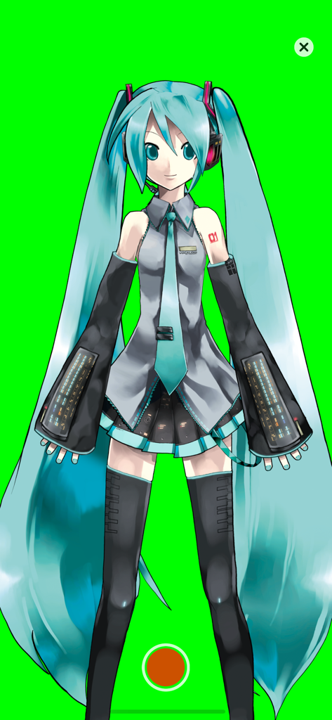 Full body teal haired anime avatar on a green screen background for video recording.