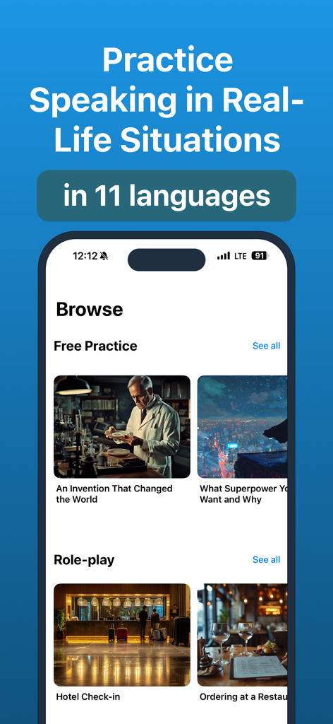 Flowo AI app interface showing speaking practice topics and roleplay scenarios like hotel check-in.