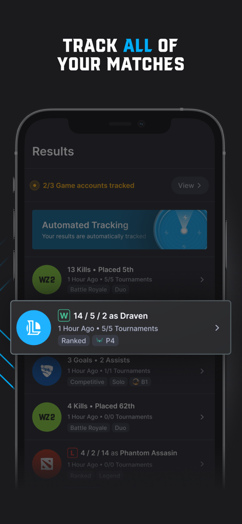 Screenshot of the Repeat.gg app showing automated match results and tournament tracking for multiple competitive games