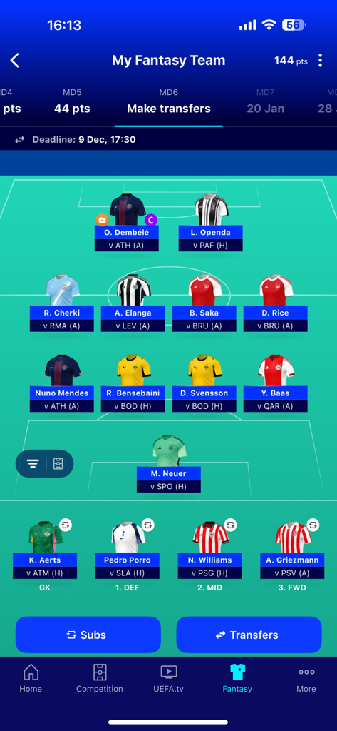 Champions League Official - Champions League official app fantasy team interface showing a football pitch with player selections