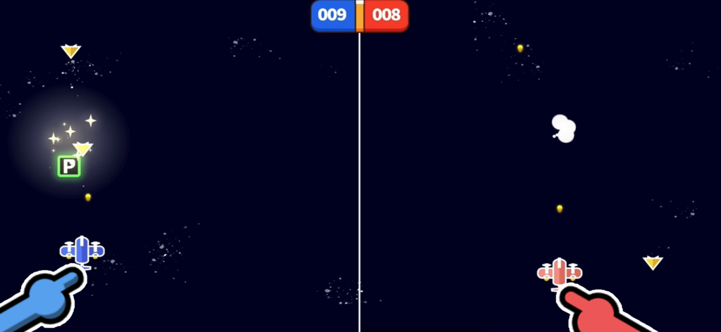 PKKP:2 Player Party Game - Una vista de pantalla dividida de un minijuego de avión espacial para 2 jugadores con controles azules y rojos.