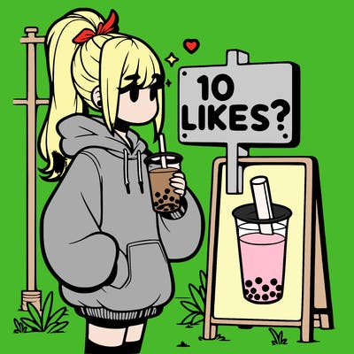 girl with oversized hoodie drinking boba and she has a high ponytail with a sign that says 10likes?