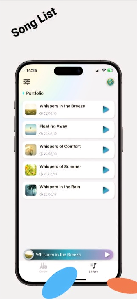 LyraAI app library displaying a list of AI generated songs with play buttons and artwork