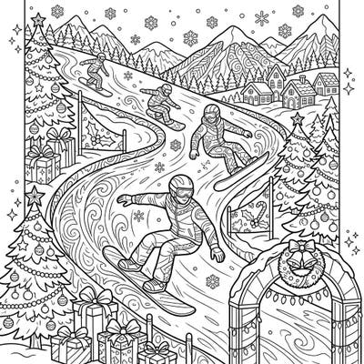 Experience the thrill of a Christmas snowboard race in this dynamic coloring page. Decked out with festive details, it's a winter sports holiday adventure waiting for your artistic touch.