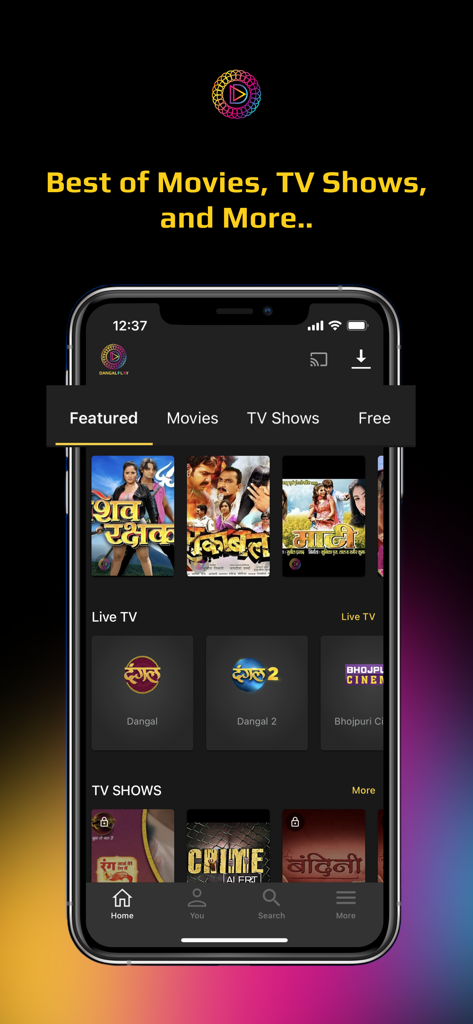 Dangal Play - Dangal Play app home screen featuring Indian movies and live TV channels on a mobile device