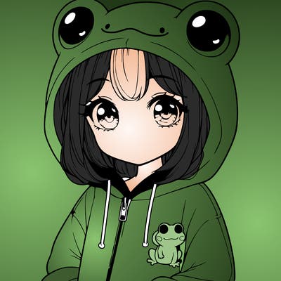 cute realistic girl in a froggy hoodie