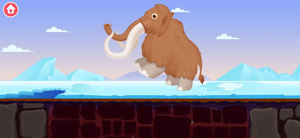 Un mammouth laineux de dessin animé dans un paysage glacé du jeu éducatif Dinosaur Park 2