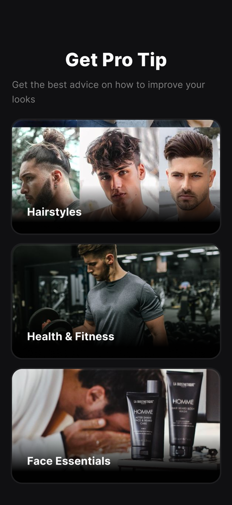 Ein Bildschirm in der Looksmax AI App, der Kategorien für Pro-Tipps zeigt, darunter Frisuren, Gesundheit und Fitness sowie Gesichts-Essentials für Männer.
