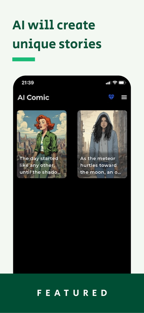 AI Story Generator: Comic Book - ユニークなAI生成コミックブックストーリーとキャラクターパネルを表示するモバイルアプリの画面。