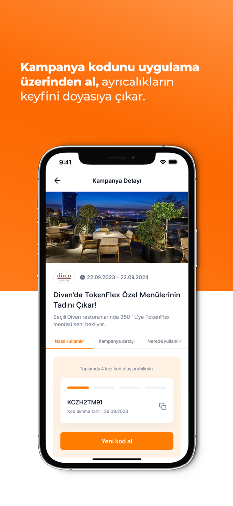 TokenFlex - A smartphone showing the TokenFlex app screen for a restaurant campaign with a discount code