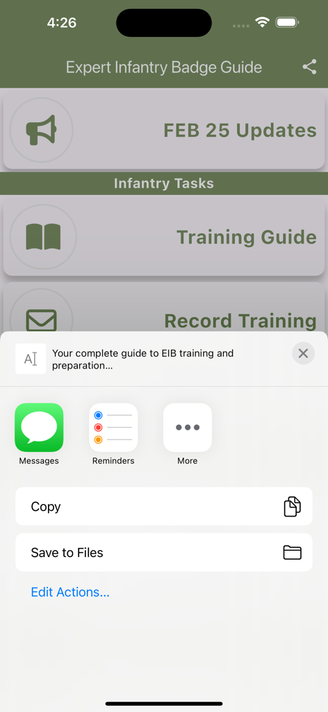 Main screen of the Expert Infantry Badge Guide app showing training guides and sharing options on an iPhone.