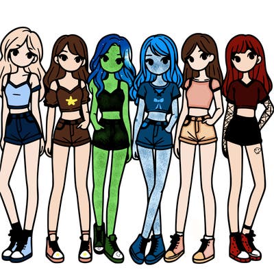 a group of girls wearing crop tops and shorts