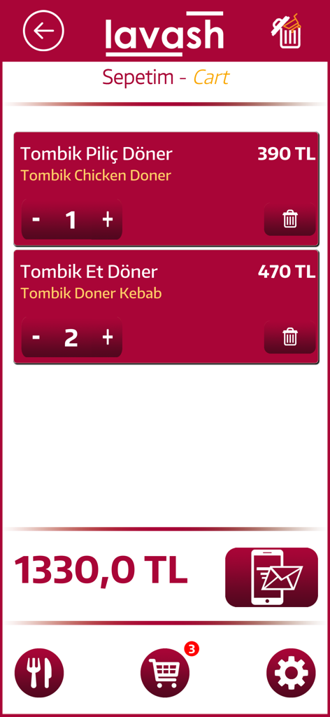 Shopping cart screen of the Lavash Mobile Siparis app displaying an order summary for chicken and meat doner with a total price in Turkish Lira.