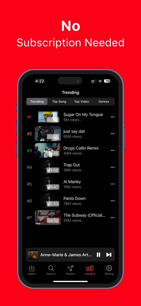 Ein Screenshot der Player GR App, der eine Liste trendiger Songs auf einer dunklen Oberfläche mit einem roten Banner "Keine Abonnement erforderlich" anzeigt