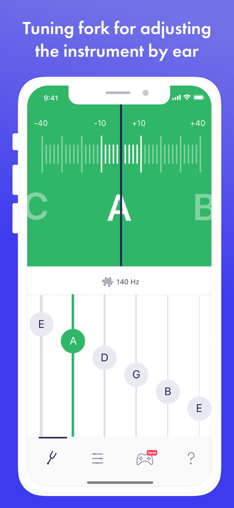 Tuner ONE app screenshot showing the tuning fork interface for adjusting guitar notes by ear
