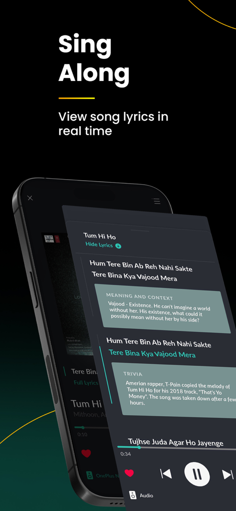 スマートフォン画面。JioSaavnアプリが表示され、リアルタイムの歌詞と曲のトリビアが表示されています