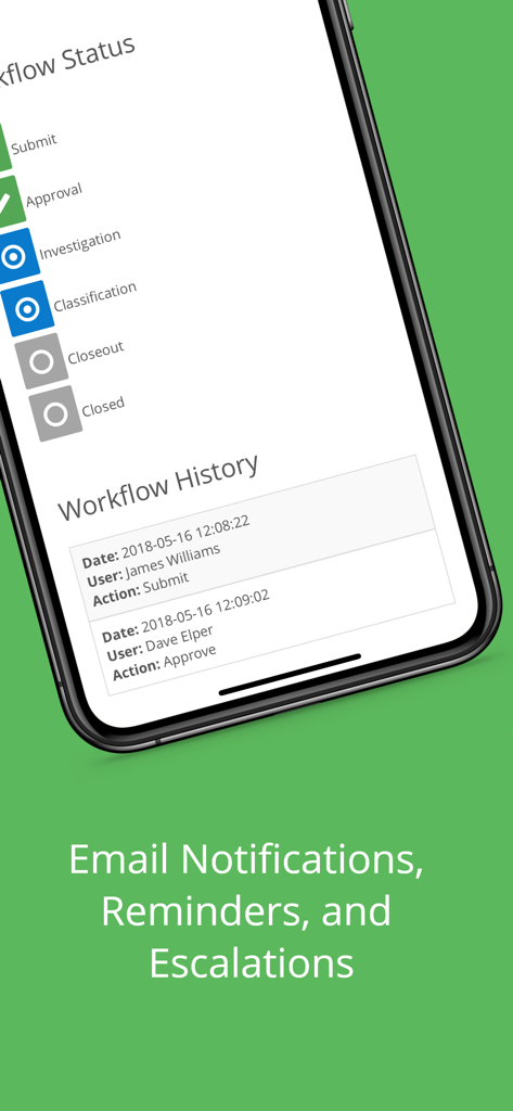 Benutzeroberfläche der EHS Insight-App mit Workflow-Statusverfolgung und historischen Aktionsprotokollen