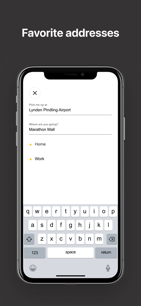 Tribur - Request a Ride - Tribur app interface showing a ride request from Lynden Pindling Airport with favorite address shortcuts for easy navigation in Nassau
