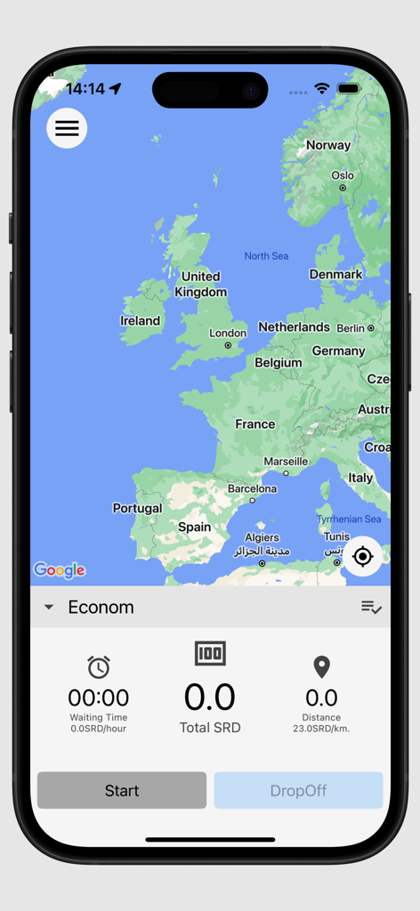 Hertog Taxi Drivers - Hertog Taxi Drivers app interface displaying a navigation map and trip management controls for tracking earnings and distance.