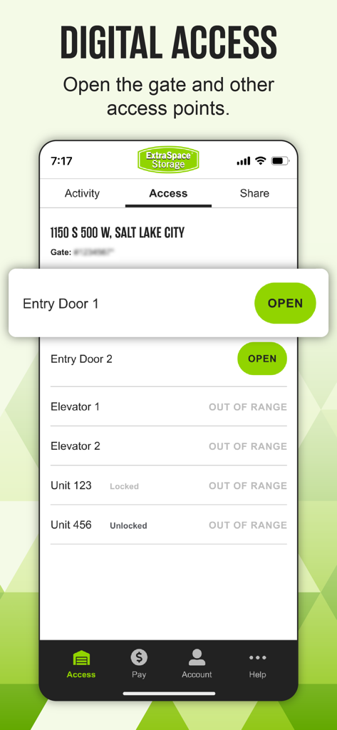 Extra Space Storage app interface showing digital access controls for entry doors and elevators