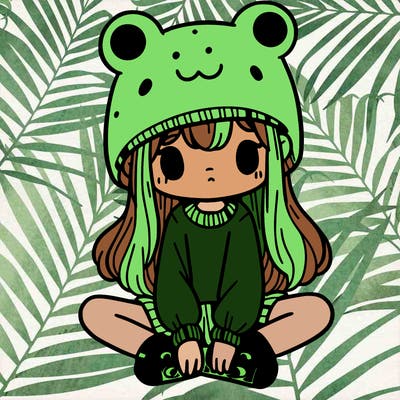 a girl wearing a frog hat and some frog socks
