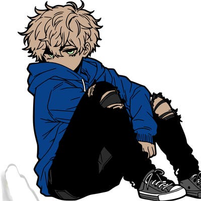 a male hoddie ripped jeans messy hair anime