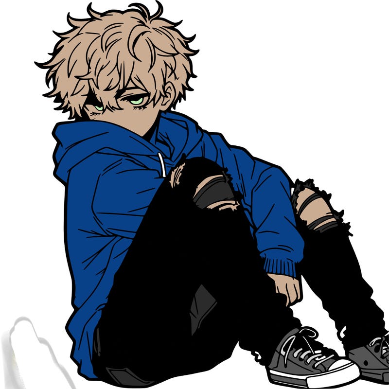a male hoddie ripped jeans messy hair anime