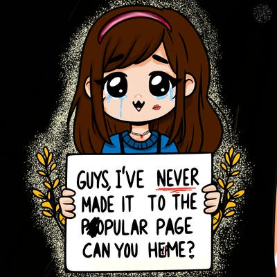 a girl holding up a sign that says, guys, i’ve never made it to the popular page, can you help me?