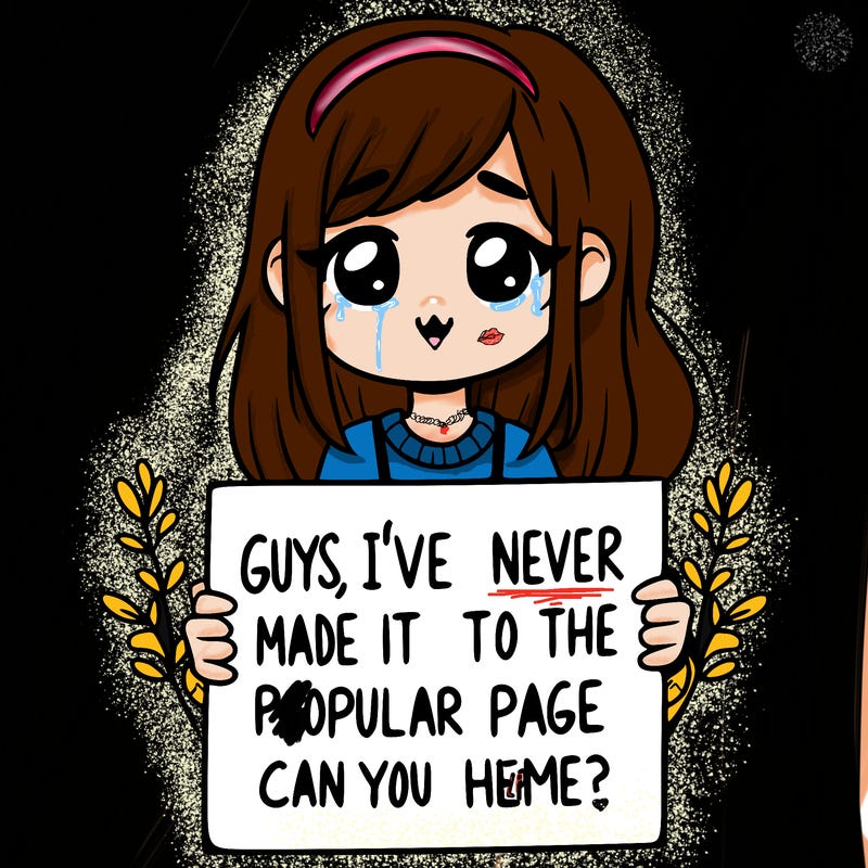 a girl holding up a sign that says, guys, i’ve never made it to the popular page, can you help me?