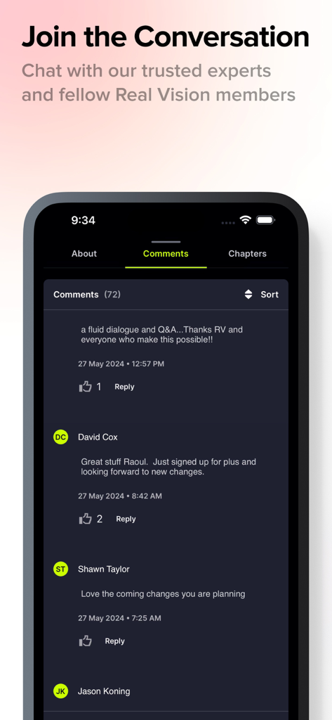 Real Vision - Real Vision app interface showing the member comments and expert discussion section