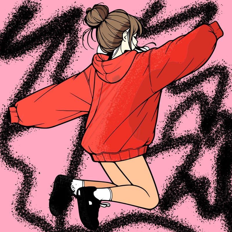 realistic girl jumping with a bun and oversized sweatshirt