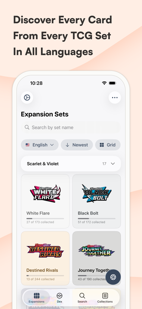 Sfera: for TCG collectors - Interface of Sfera app showing a list of Pokemon TCG expansion sets with collection progress