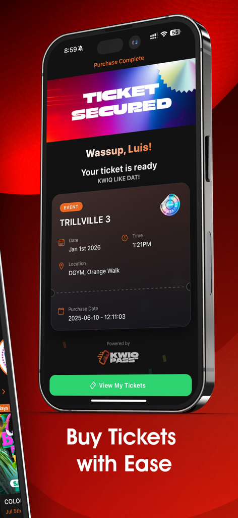 KwiqPassイベントアプリで保護されたデジタルチケットが表示されているモバイル画面