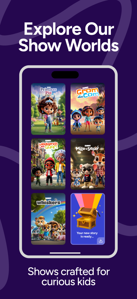 Giant - Loved by Kids - '우리 쇼 월드 탐색'이라는 제목 아래 Pia 공주, Milo와 Sebby와 같은 맞춤형 쇼 라이브러리를 보여주는 Giant 앱의 모바일 인터페이스.