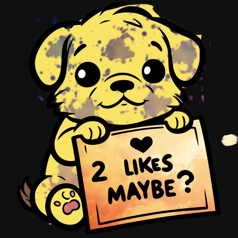 a puppy holding a sign that says 2 likes maybe?