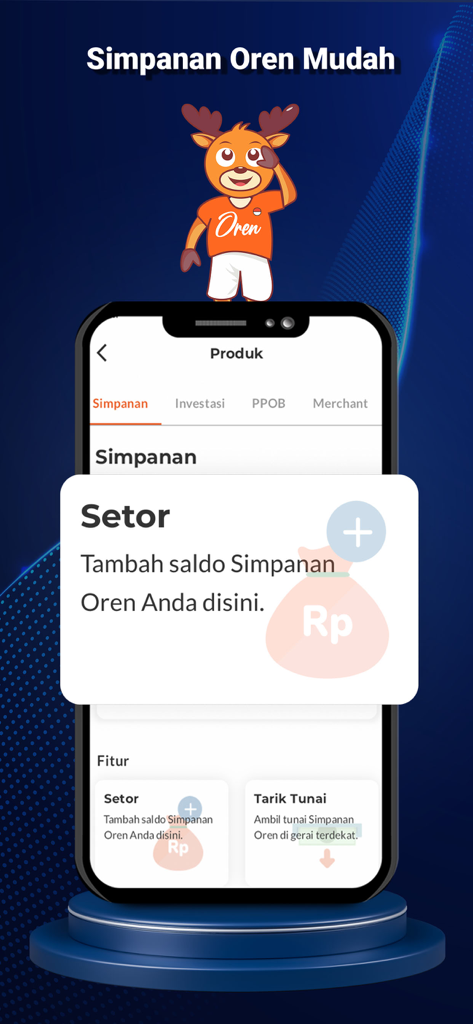 Oren by KOPNUS - Interfaccia dell'app Oren by KOPNUS che mostra la funzione di deposito di risparmio e un simpatico personaggio di un cervo.
