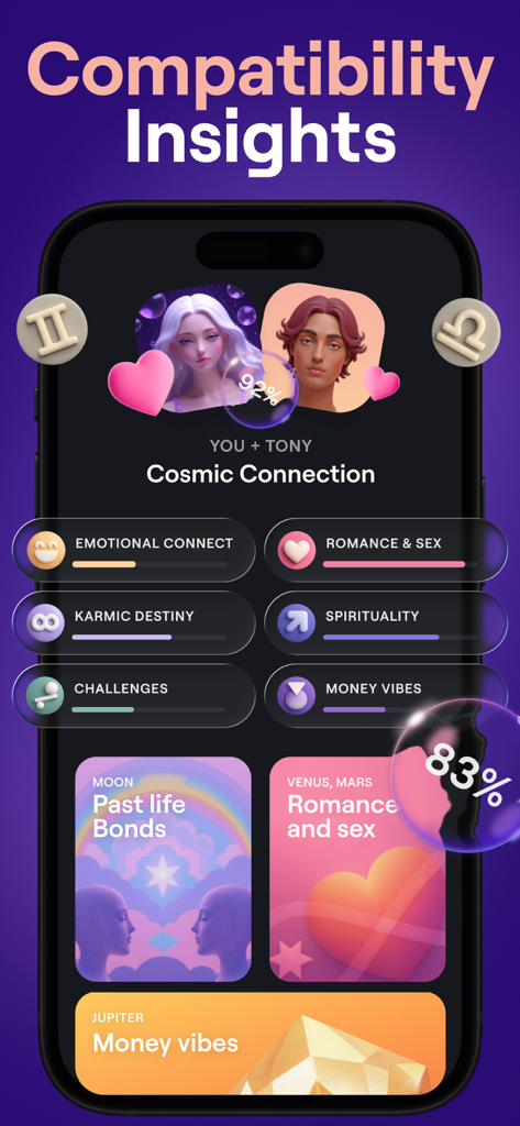 Moonly app compatibility insights screen showing a 92 percent cosmic connection score between two users.