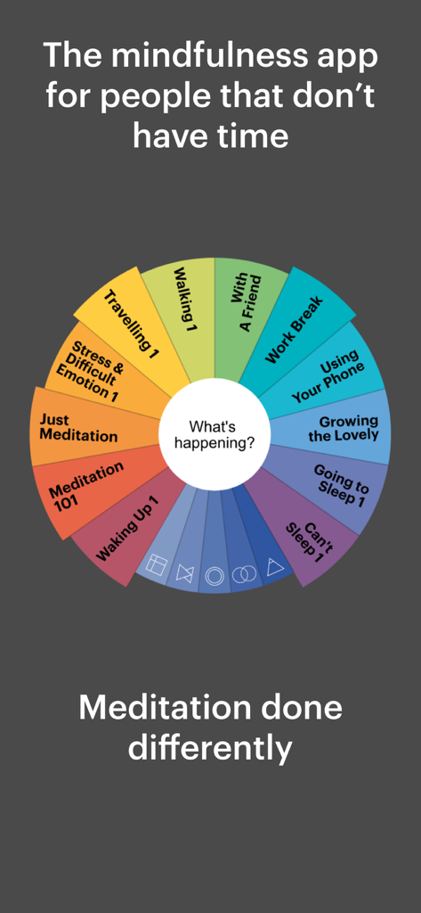 Buddhify app interface showing a colorful wheel of meditation categories for busy people.