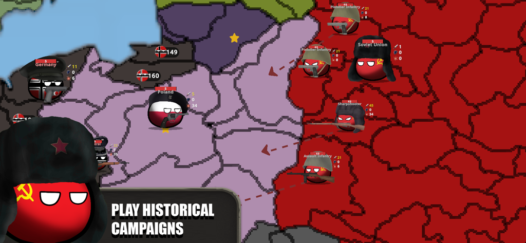 Countryball: World 1930 - Gameplay screenshot of Countryball World 1930 showing historical campaigns and a strategic map view