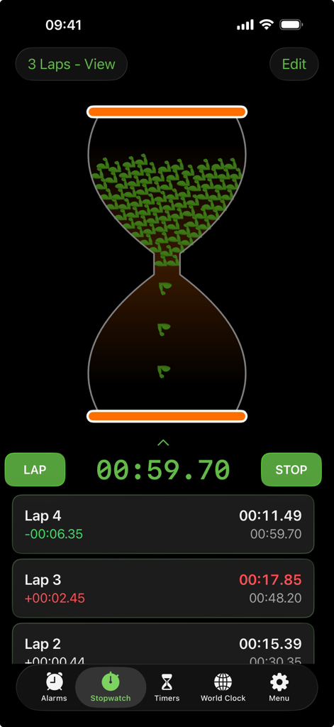 Mojisand: Emoji Sand Timers - Mojisand stopwatch interface featuring an hourglass filled with muscle emojis and a list of recorded lap times.