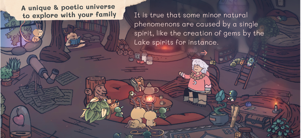 The Storyteller - Illustration of Omu in a cozy hut with whimsical spirits and a fireplace.