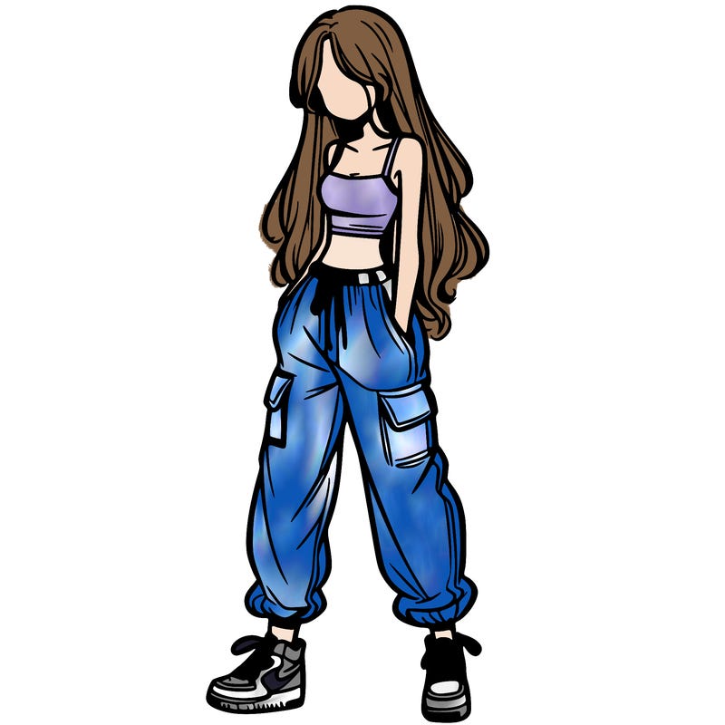 girl in baggy pants crop top and long hair